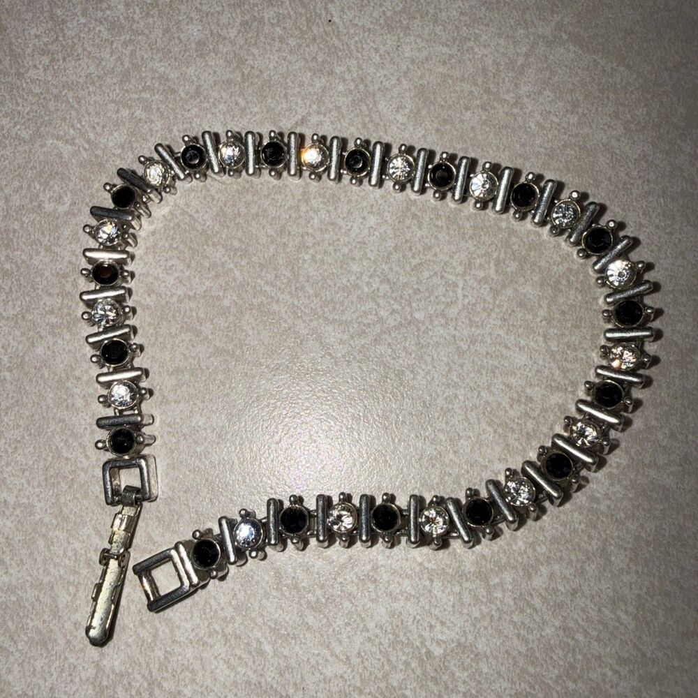 Vintage Non Magnetic Black & Clear Stone Tennis Bracelet 7.5” Goth Evening Cockt